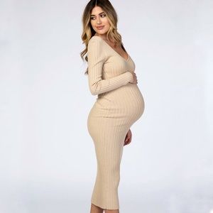 Taupe V-Neck Long Sleeve Fitted Maxi Dress